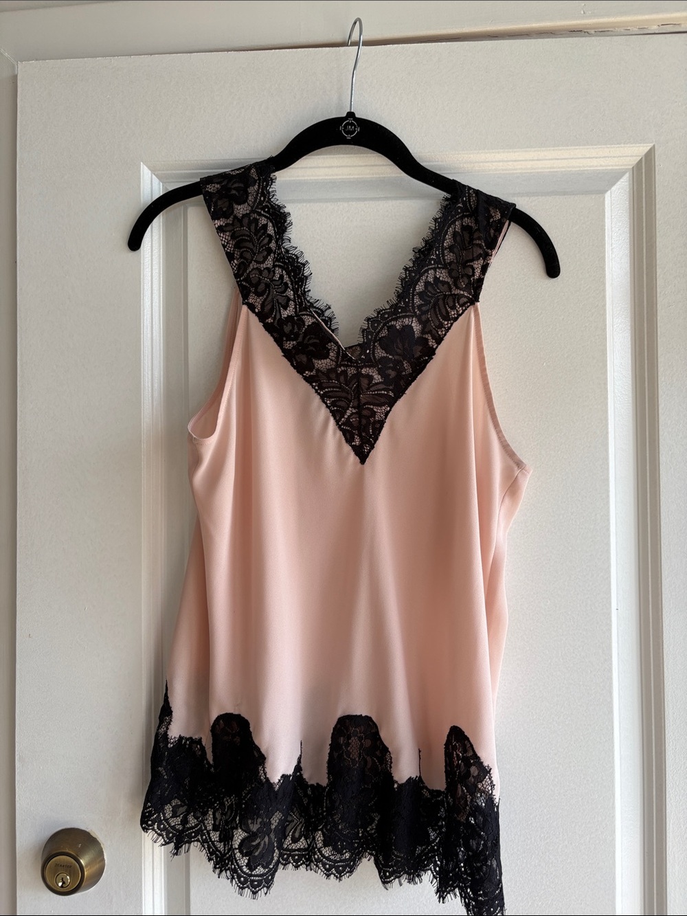 Chelsea28 Blush Pink Satin Tank with Black Lace Trim
